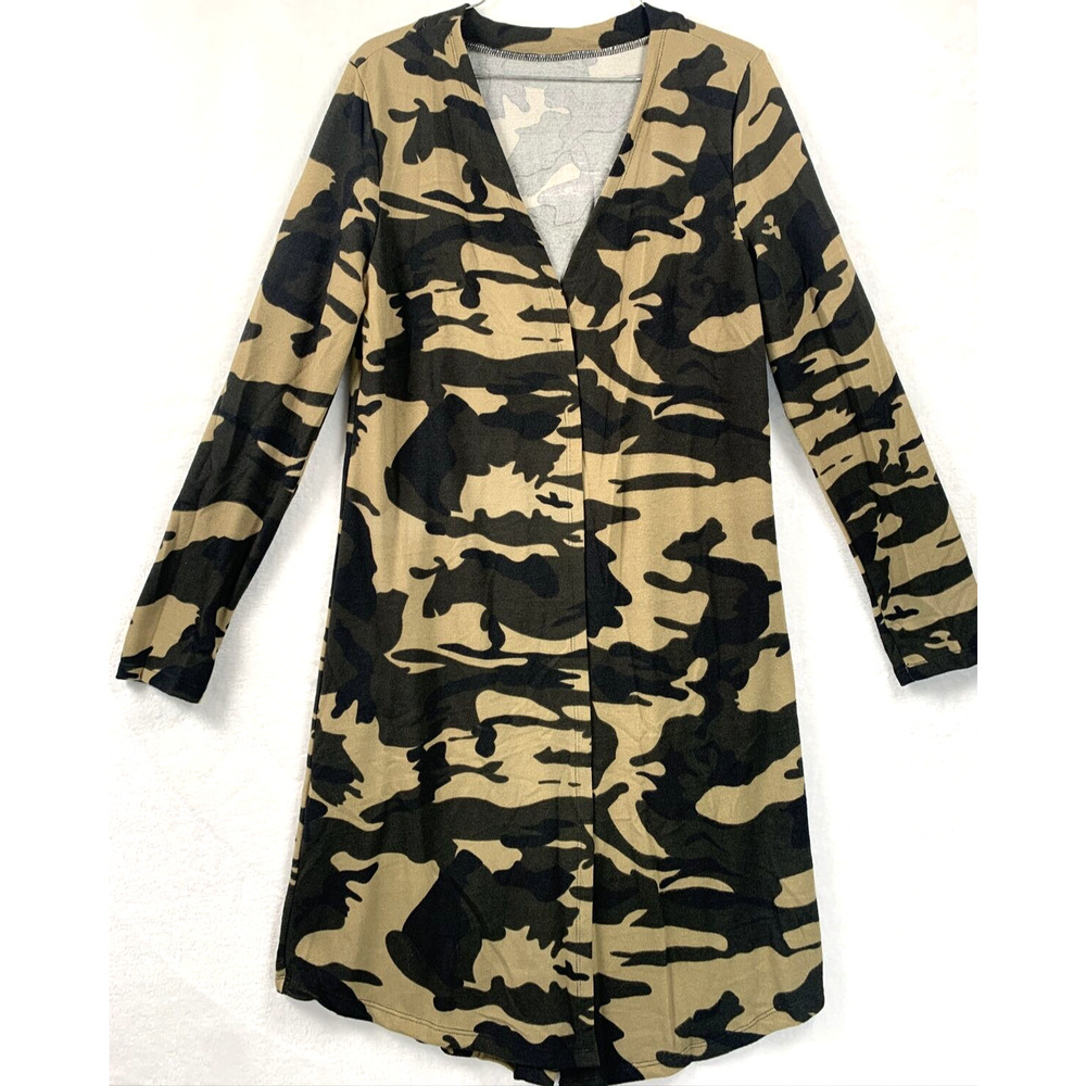 Women's Camo Long Duster Knit Sweater Open Front Long Sleeve Cardigan Size S